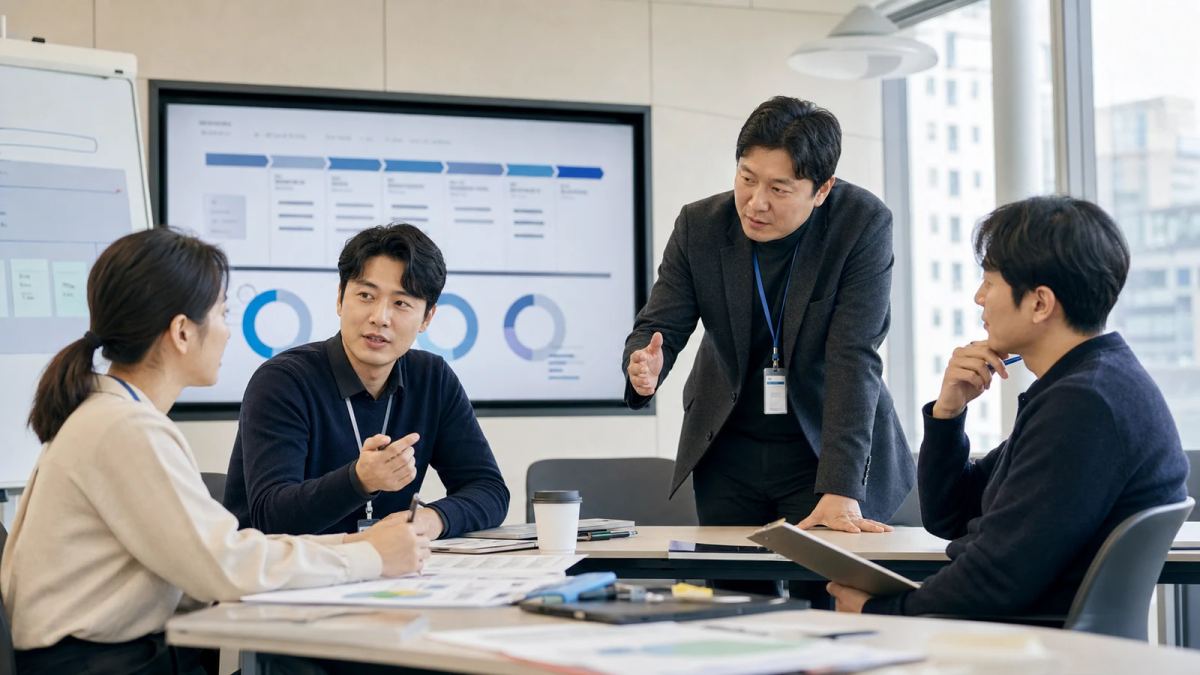 실제 고객 사례를 활용해 역할 실습과 관리자 피드백을 진행하는 기업 영업 교육 장면