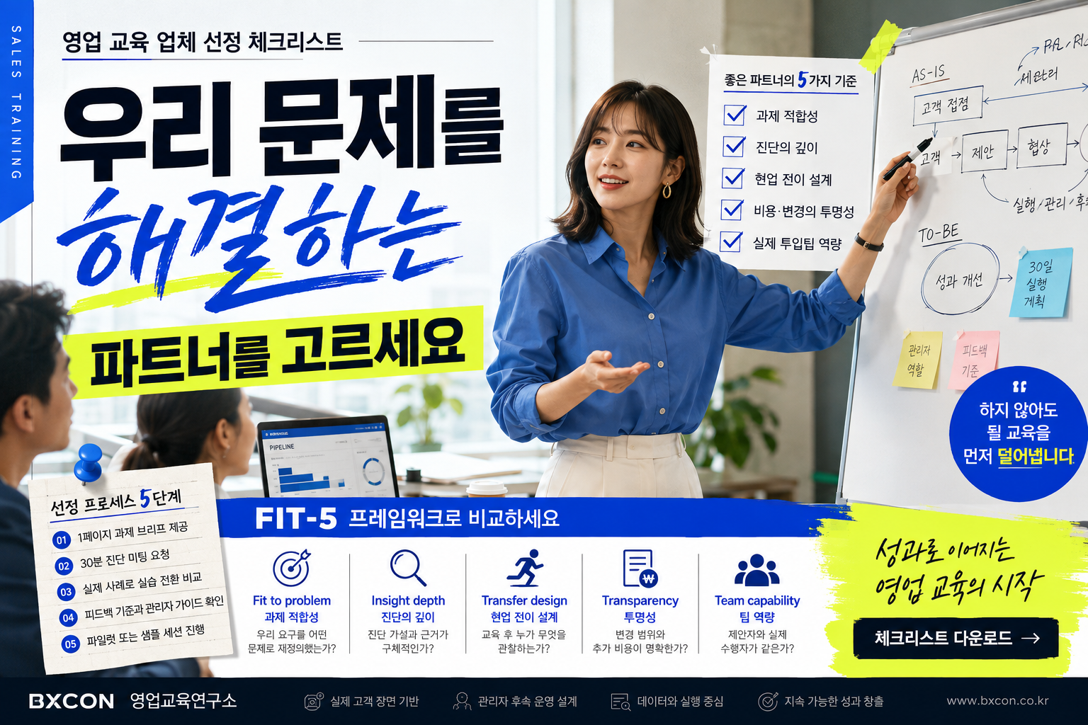 영업 교육 업체 선정 기준을 검토하는 담당자들