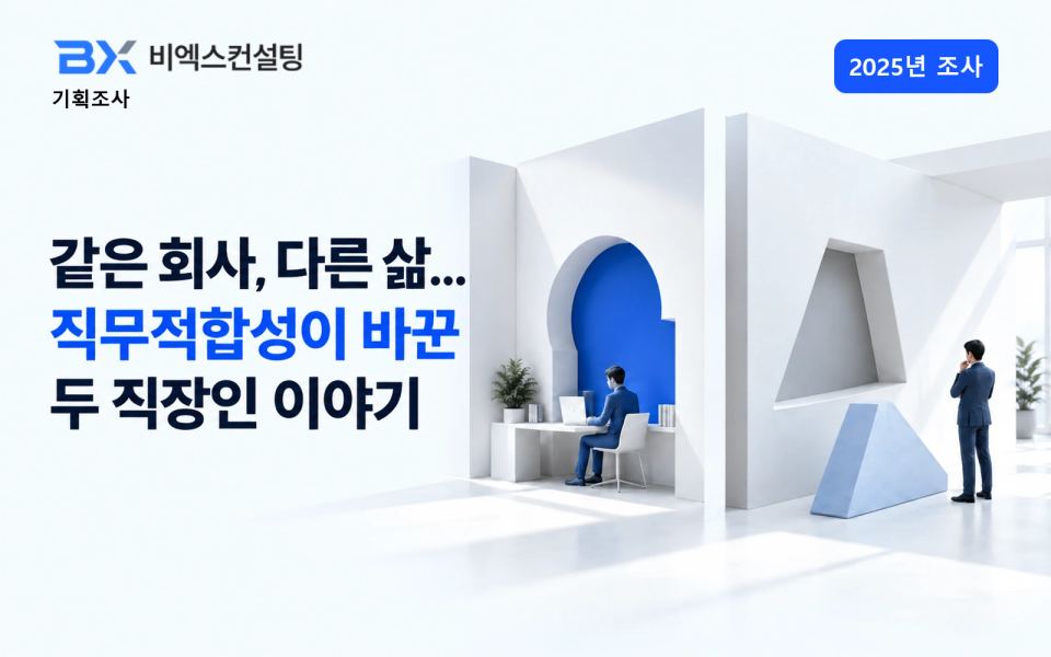 2025년 조사 — 같은 회사, 다른 삶... 직무적합성이 바꾼 두 직장인 이야기 — 비엑스컨설팅 기획조사 표지